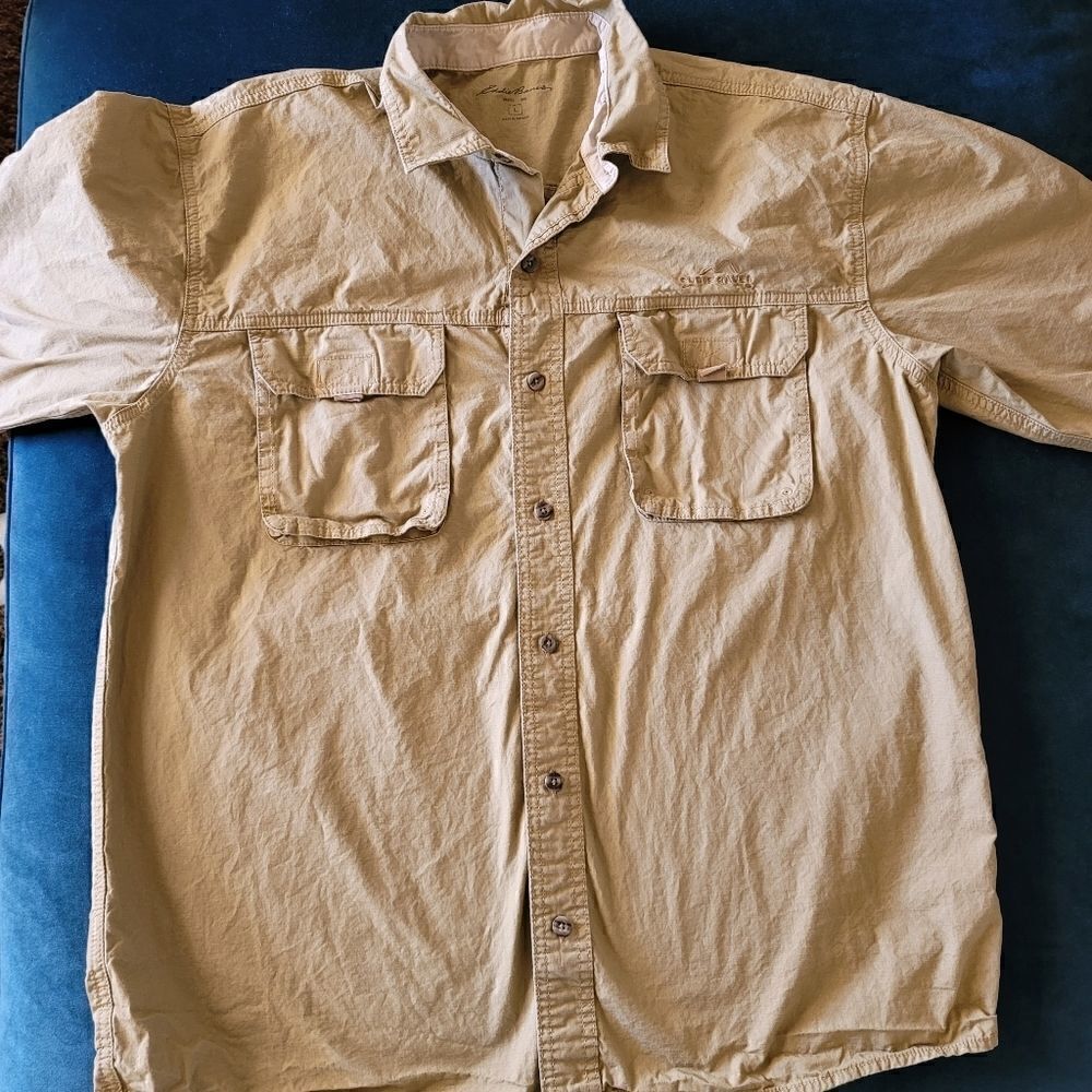 Eddie Bauer mens large outdoor khaki button up shirt collared tan 100% cotton
